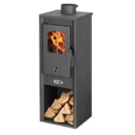 Stufa a Legna in Acciaio e Ghisa 7kw Riscaldamento 120m3 Camino con Piastra Cottura, Cassetto Portacenere Estraibile e Vano Portalegna Design 33x34x94