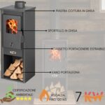 Stufa a Legna in Acciaio e Ghisa 7kw Riscaldamento 120m3 Camino con Piastra Cottura, Cassetto Portacenere Estraibile e Vano Portalegna Design 33x34x94 - immagine 5